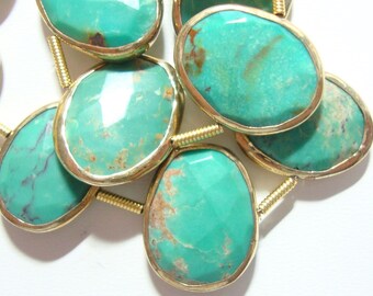Blue Green Turquoise Faceted Oval Coin Vermeil Bezel Rim, pendant, 1 pc, 15-16mm - J6-1