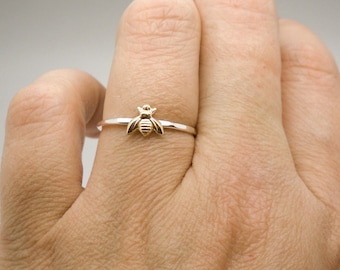 Tiny bee ring - Sterling silver and tiny gold brass bee ring - stacking ring - knuckle ring - midi ring