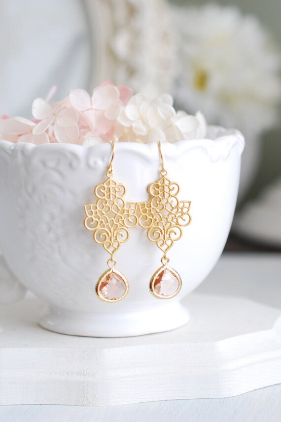 Bridesmaid Gift Champagne Dangle Earrings Peach Drop