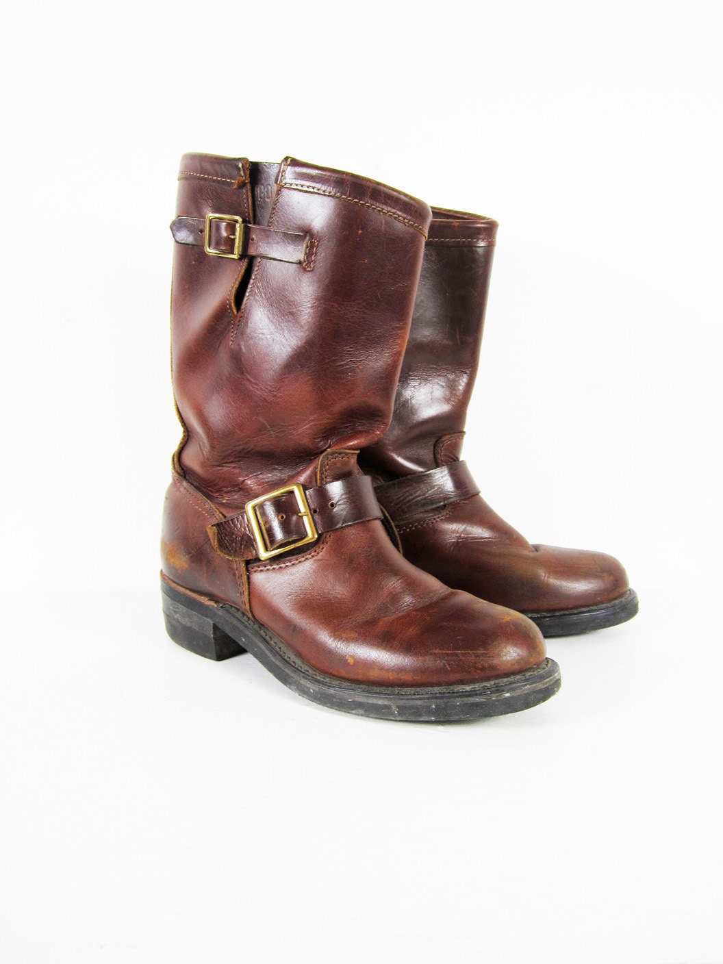 Vintage 60s Brown Engineer Boots Durango Leather Buckle Strap