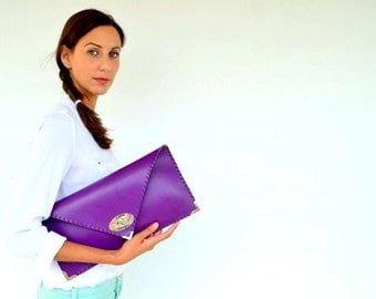 Leather clutch / Handmade purple leather bag