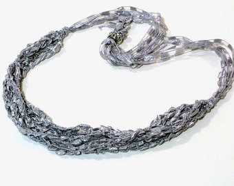 Silver Ladder Yarn Necklace: Handmade Necklace, Crochet Choker, Lariat Necklace, Gray Ribbon Necklace, Fiber Necklace, Ready to Ship