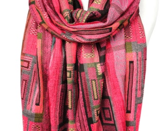 Pink Scarf. Geometric Pashmina Scarf. Colorful Fringe Scarf. Birthday Gift. Soft Winter Scarf. Velvet Gift. 13x70in (33x180cm) Ready2Ship