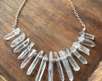 Raw Crystal Point Necklace- Crystal Bib Statement Necklace- Raw Crystal Bib Necklace- Boho Lux Jewelry- Healing Crystal Necklace
