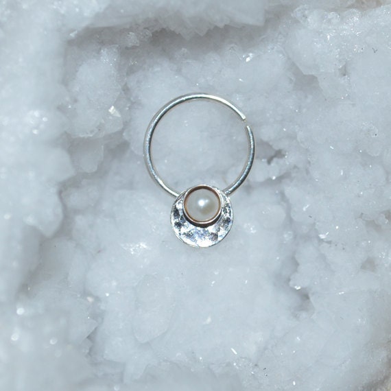 Fresh Water Pearl Septum Ring - Silver Nose Ring - Helix Earring - Rook Earring - Nipple Ring - Cartilage Piercing - Daith Piercing 16 gauge