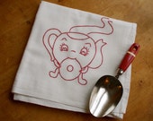 Vintage Red Hand Embroidered Dish Towel - Anthropomorphic Tea Pot - Flour Sack Fabric - Cottage Kitchen Decor