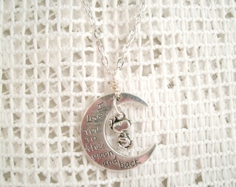 Snoopy Love you to the Moon Necklace pendant with wire wrapped bail and Dangling Snoopy Charm