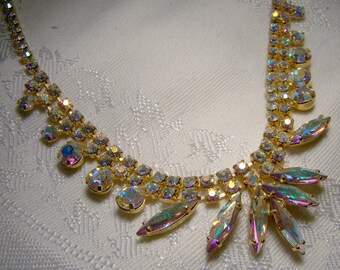 Aurora Borealis Rhinestone Necklace 1950s Marquise Fan Shape Gold Plate