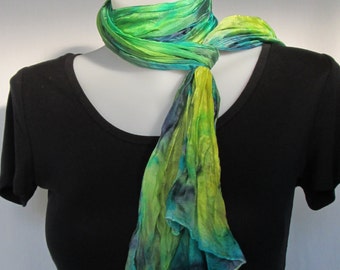 Silk scarf long crinkle hand painted - turquoise, navy blue and yellow