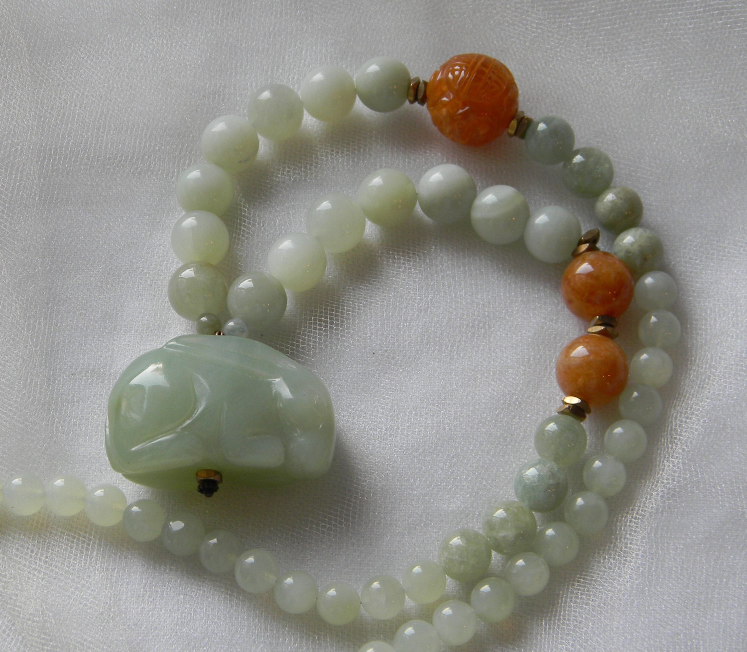 Jade rabbit pendant w celadon jade beads necklace beaded