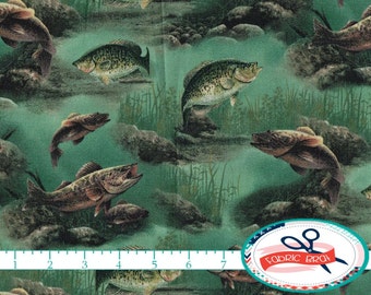 FISHING Fabric by the Yard, Fat Quarter Underwater Fabric Fish Fabric Bass Fabric Quilting Fabric 100% Cotton Fabric Apparel Fabric t4-38