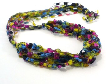 Multicolored Ladder Yarn Necklace - Handmade Fiber Necklace in Stained Glass Colors, Crochet Choker, Vegan Jewelry, Ready to Ship