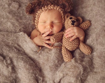 Newborn Bear Hat and Teddy Bear Set - Newborn Photo Prop, Bear Bonnet, Crochet Teddy Bear