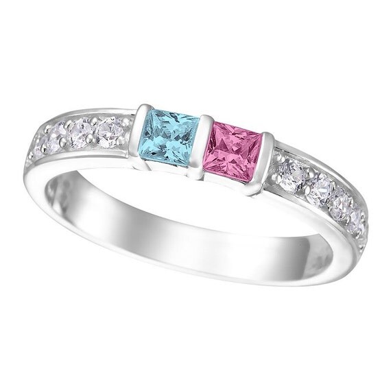 Sterling Silver Personalized Couples Princess Channel Ring w/ His and Hers Birthstones And Side CZ Accents Custom Jewelry