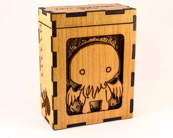 Cthulhu Chibi - H. P. Lovecraft - Magic the Gathering Deck Box or Dice Box - MTG - Personalized Trading Card Game Box Engraved Cherry Wood