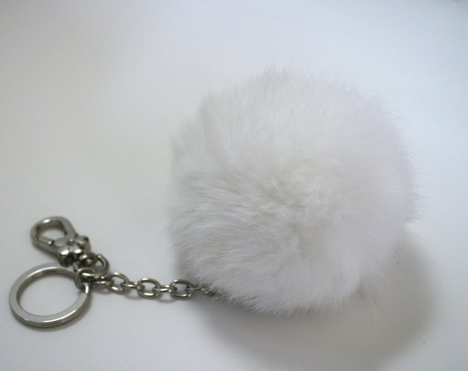 White Daisy Genuine Rabbit fur pom pom key chain or bag pendant