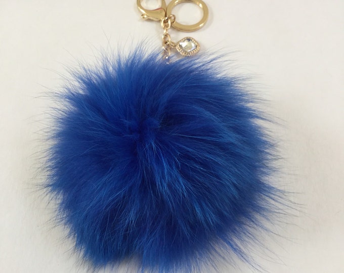 Royal Blue Fox Fur Pom Pom keychain ball luxury bag pendant with clear crystal charm