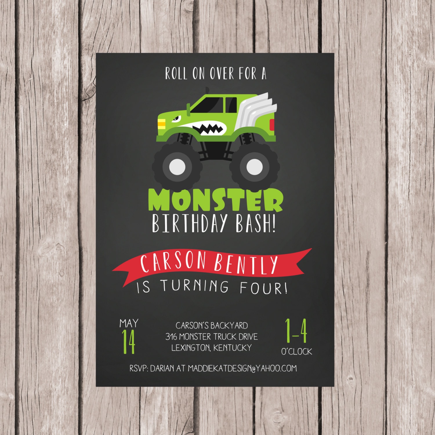 PRINTABLE Monster Truck Birthday Card Chalkboard Green