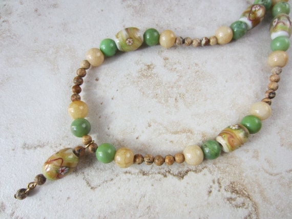 Yellow bead necklace. Brown beaded necklace. Green bead necklace. Unique boho necklace.  Green Pale Yellow Tan.  Natural colors.