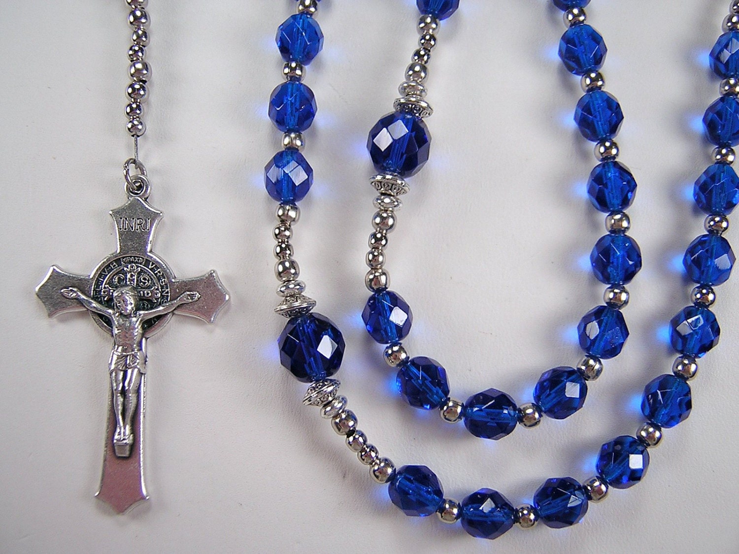 Men's Rosary Catholic Necklace 25 inch Capri Blue Czech