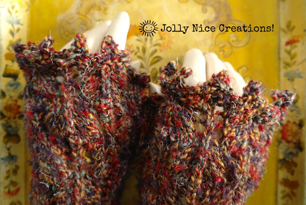 RUSSET LACE hand-knitted lacy fingerless gloves in sunset shades of rust, yellow and grey-blue - One Size - Steampunk/Boho