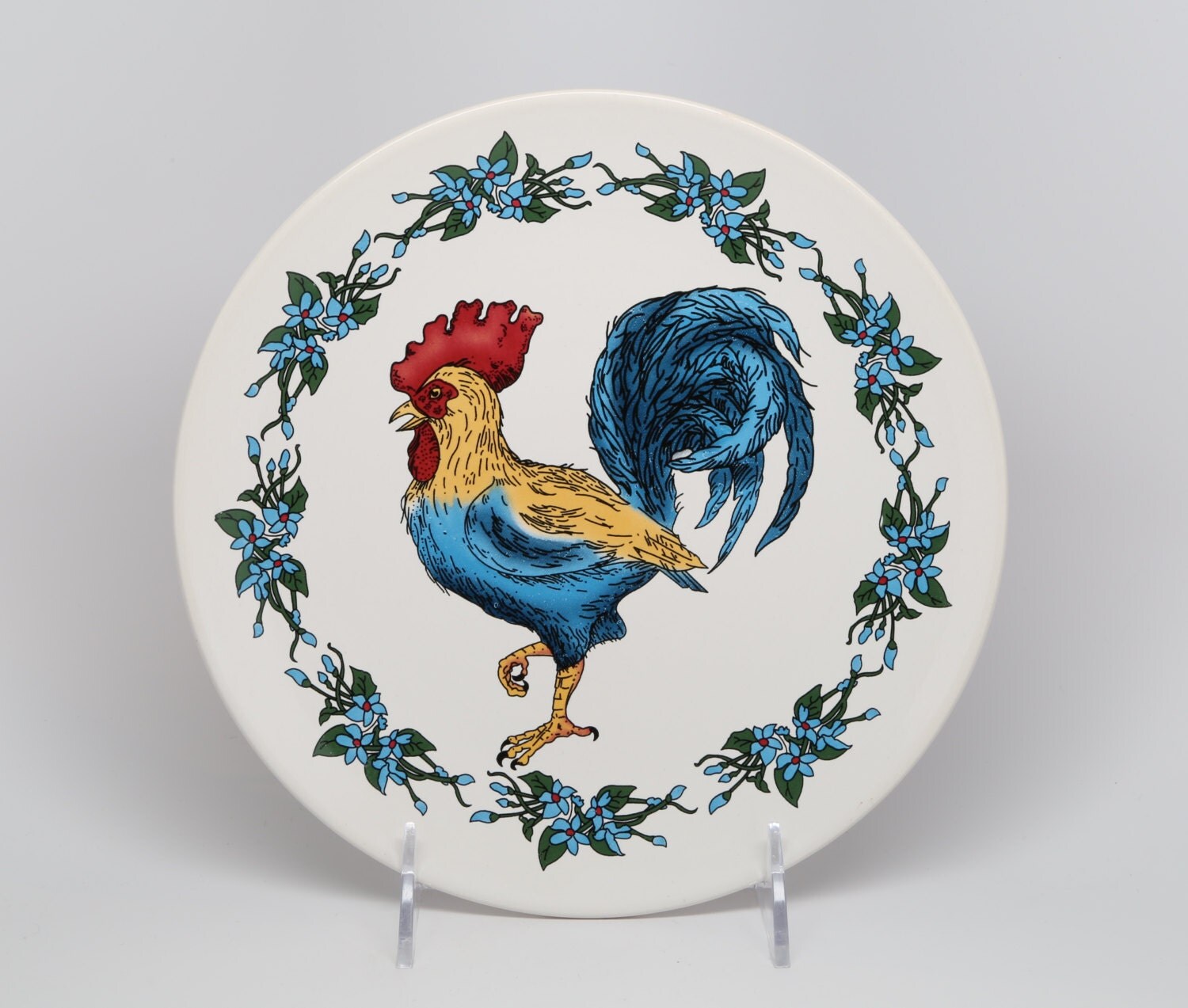 Vintage Ceramic Rooster Plate Turquoise on White by GwendalysaArts