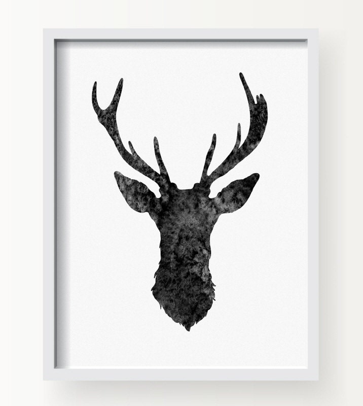 Deer Head Watercolor Art Print Black and white wild animal