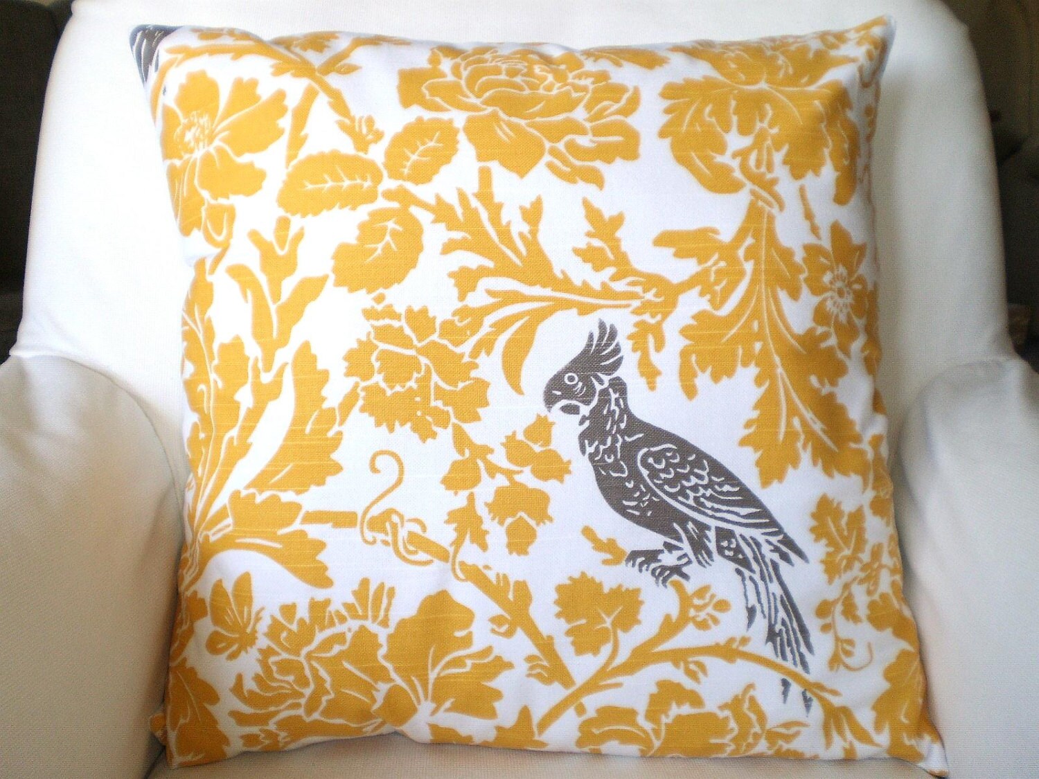 Yellow Pillow Cover Taupe Bird Decorative by PillowCushionCovers