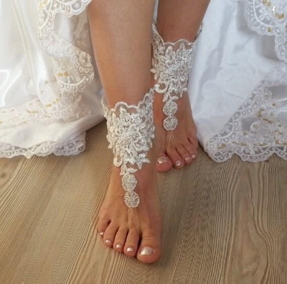 ivory Barefoot silver frame , french lace sandals, wedding anklet ...
