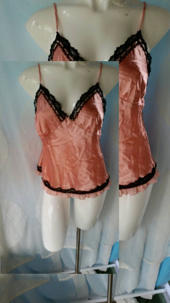 Peach color lingerie-Black lace-Ribbon laced in-Size