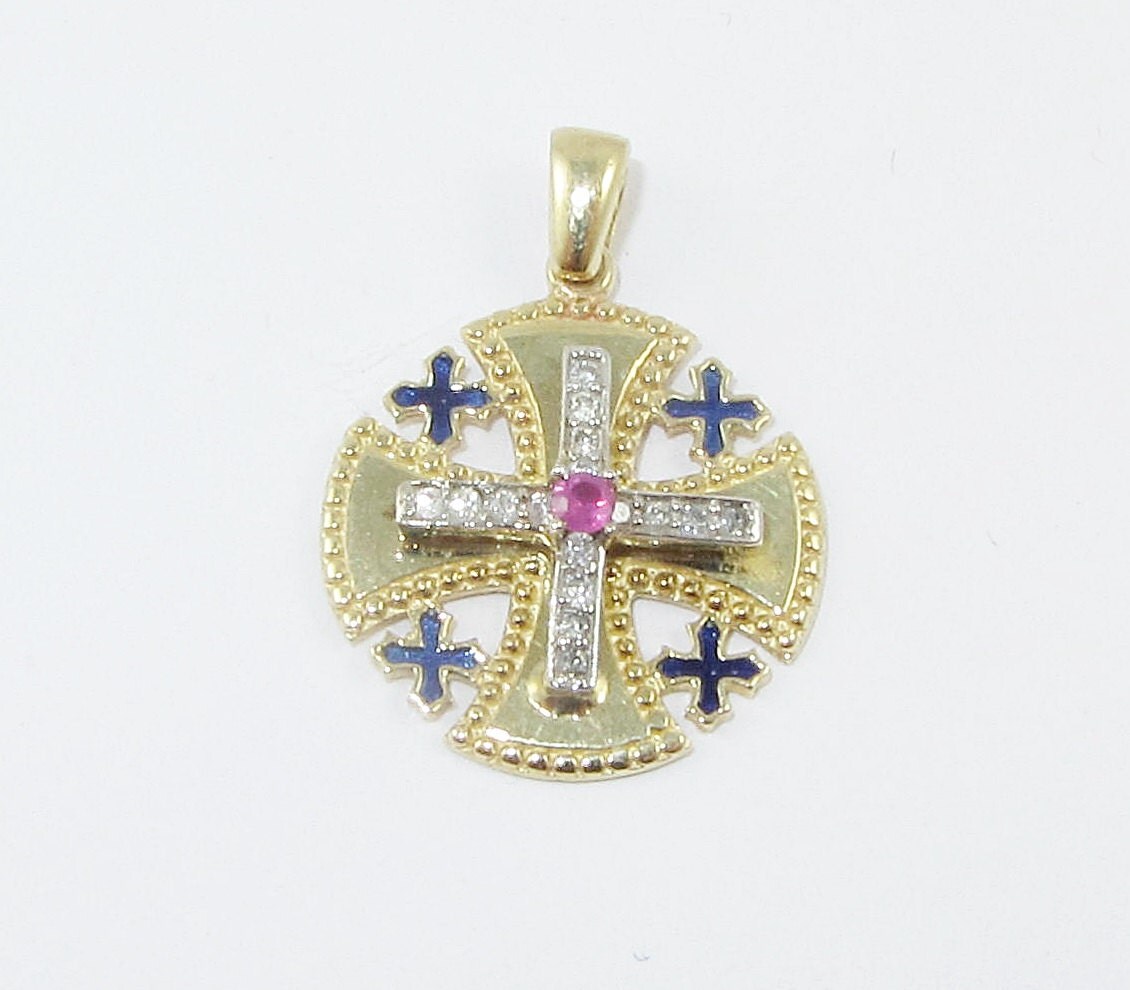 14 Kt Gold Jerusalem Cross Ruby Diamonds Enamel by OlegGoldsmith