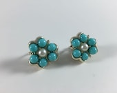 Vintage Costume Jewelry Sarah Coventry Earrings Faux Pearl Turquoise Gold Toned Clip On Earrings