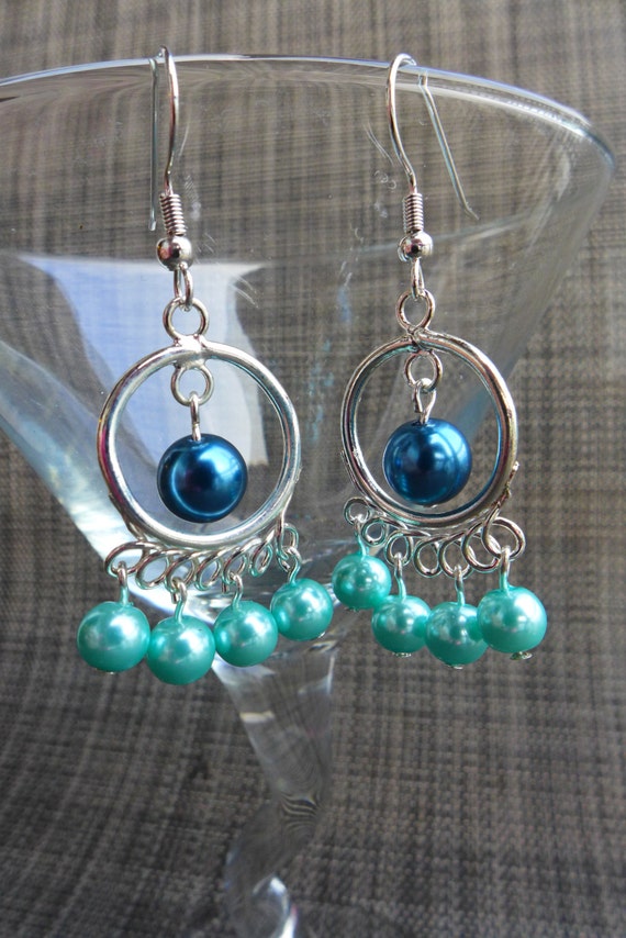 MARINERS inspired BLUE and TEAL Gameday Bubblegum Bead Chunky Earrings, pearl chandeliers