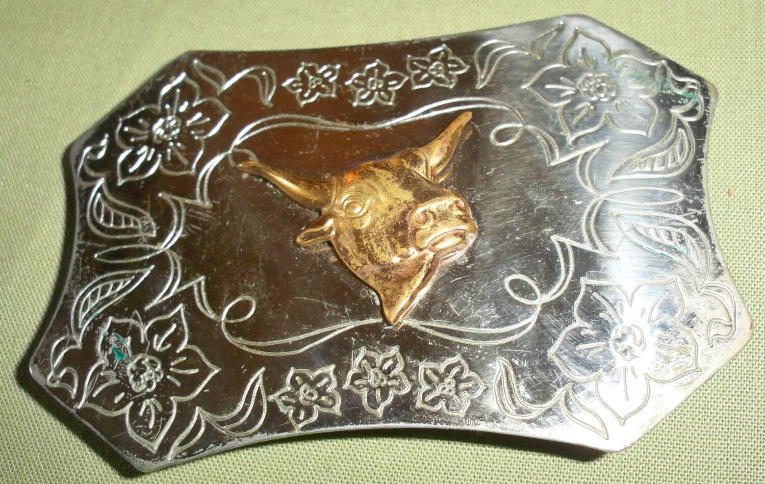 Vintage Western Nickel Silver Belt Buckle with Steer Head