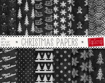 Christmas digital paper: ""Christmas Papers" chalkboard digital paper with white christmas patterns on black chalkboards, xmas papers