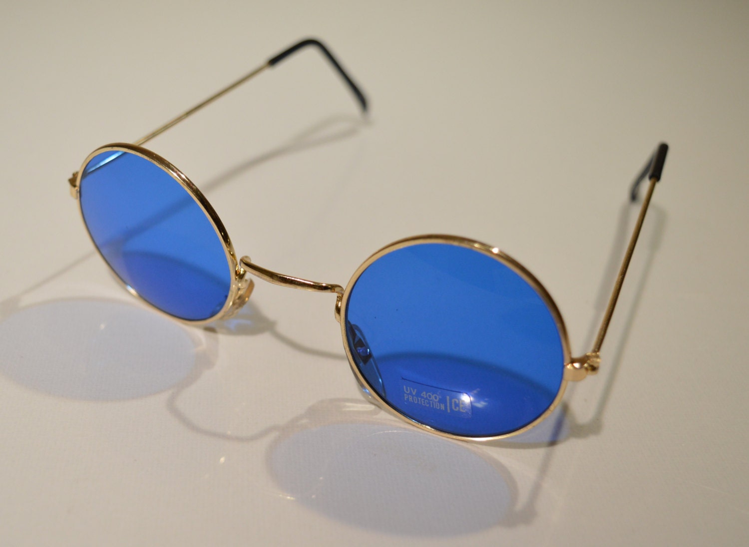 Vintage Blue Lens Round Sunglasses Mens Ladies Lightweight Wire Metal Framed Uv400 Teashade 1960 