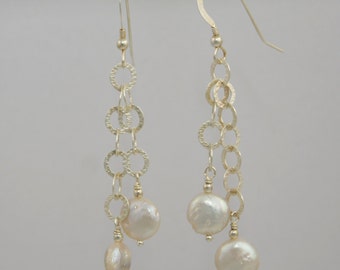 Dangling Coin Pearl Earrings