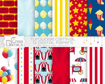 Carnival and circus - 12 red and blue digital papers - INSTANT DOWNLOAD