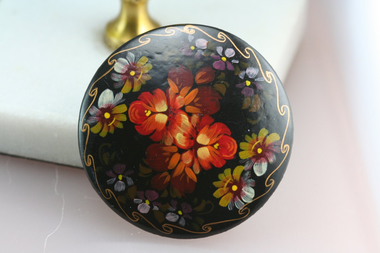 Russian hand painted large vintage brooch Red Black Gold One