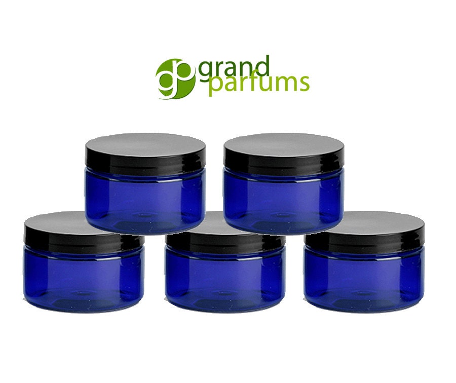 Download 3 Cobalt Blue Low Profile PET Plastic Empty Cosmetic Jars 2 Oz