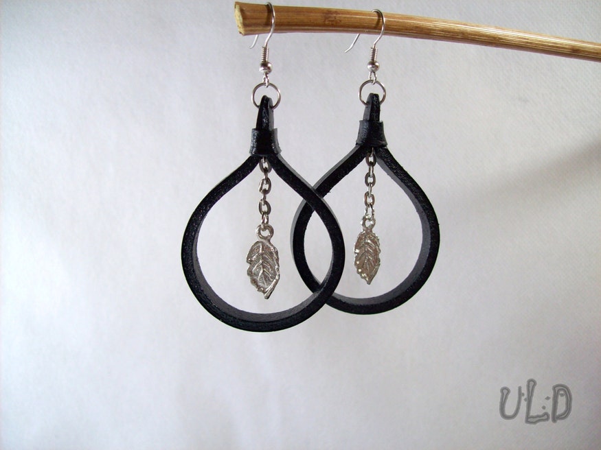 Black leather hoop earrings