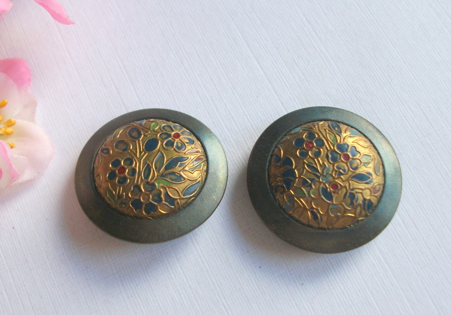 Gorgeous Vintage Metal Buttons, Enamel Painted Buttons, Art Deco