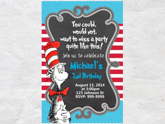 Dr Seuss Birthday Invitation Invite Chalkboard Chevron Pattern