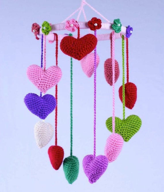 Crochet Valentines Heart Mobile, can use for your Infants Room, or for a valentines Gift or home Decor