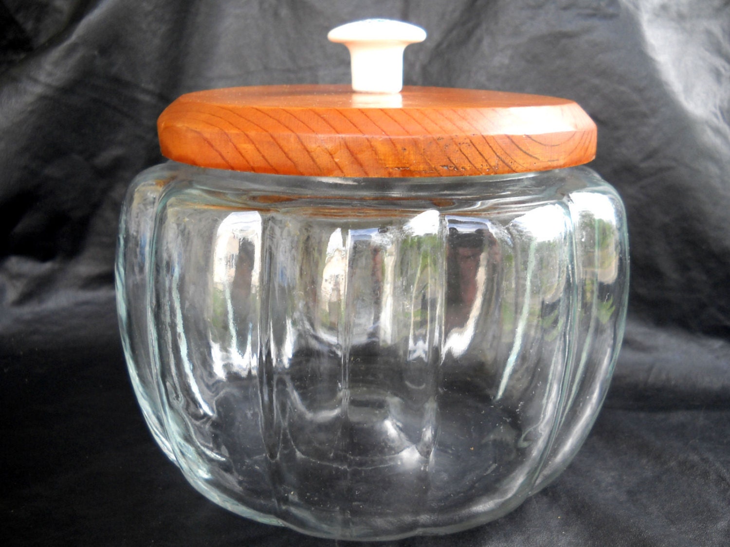 Vintage Glass Pumpkin Shaped Cookie Jar Clear Glass Wooden