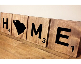 Personalized Wood 4 Scrabble Tiles, Custom Home California State Love (OR ANY STATE) With Heart Over City, Wedding Gift