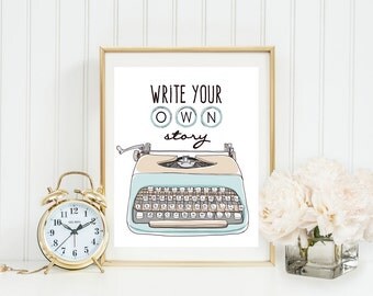 Write Your Own Story Vintage Typewriter Wall Art, Light blue typewriter, Typewriter Keys, Inspirational, Home, Office, Dorm Classroom Art