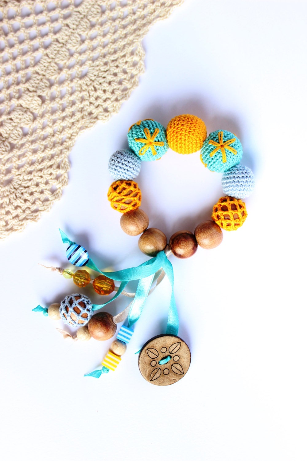 Crochet Baby Teether Wooden teething bracelet Natural by TildaArt