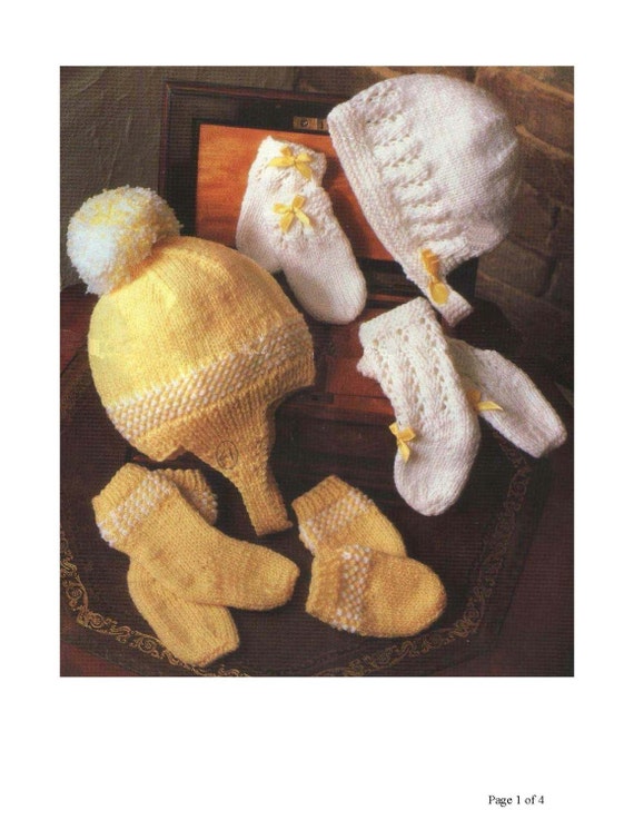 Vintage Knitting Pattern Knit Baby Hat Mitts and Socks set