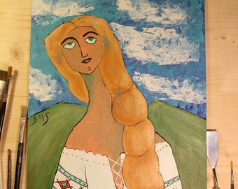 Made to order - Painting - Romanian woman wearing traditional Romanian Blouse "IE" Painting - Original Painting - Original Artwork